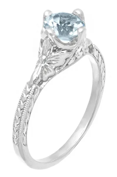 Vintage Engraved Flowers Art Deco Filigree Sky Blue Topaz Promise Ring in Sterling Silver