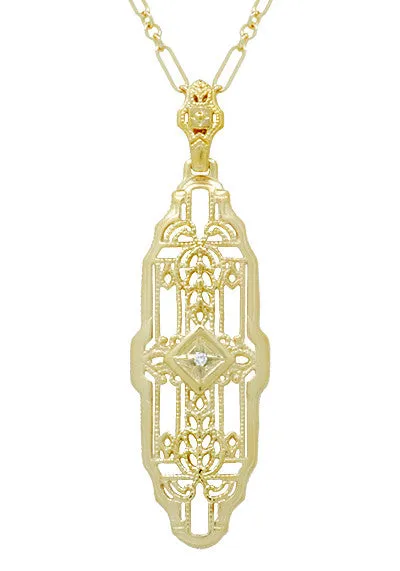 Vintage Inspired Art Deco Diamond Necklace in Yellow Gold Vermeil Over Sterling Silver - 1920's Replica Lozenge Pendant