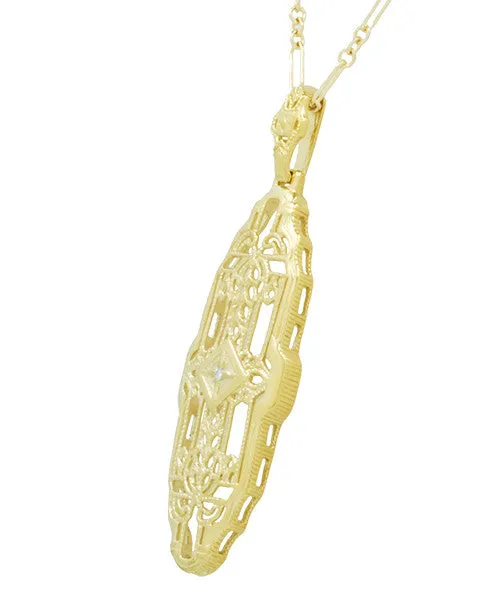 Vintage Inspired Art Deco Diamond Necklace in Yellow Gold Vermeil Over Sterling Silver - 1920's Replica Lozenge Pendant