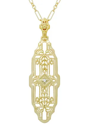 Vintage Inspired Art Deco Diamond Necklace in Yellow Gold Vermeil Over Sterling Silver - 1920's Replica Lozenge Pendant