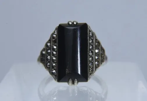 Vintage Sterling Silver Ebony Art Deco Ring - Size 6