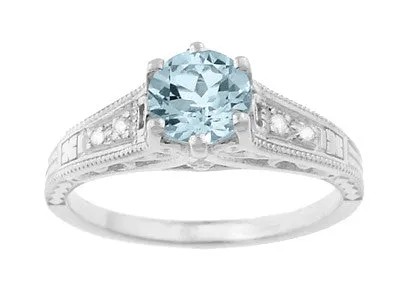 Vintage Style Aquamarine and Diamonds Filigree Art Deco Engagement Ring in Platinum