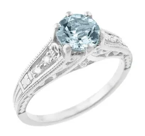 Vintage Style Aquamarine and Diamonds Filigree Art Deco Engagement Ring in Platinum