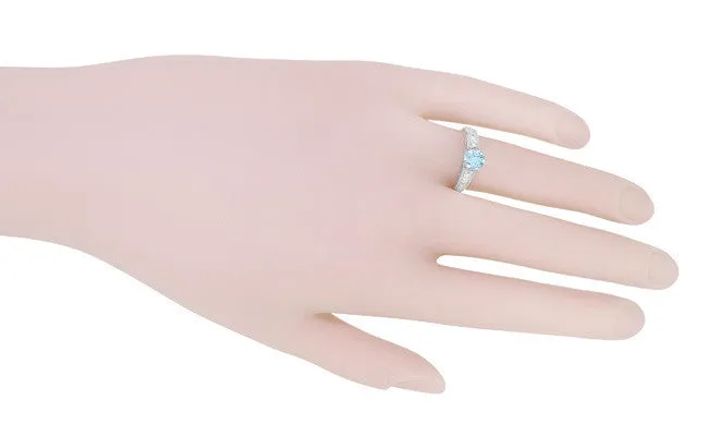 Vintage Style Aquamarine and Diamonds Filigree Art Deco Engagement Ring in Platinum