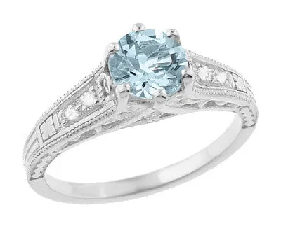 Vintage Style Aquamarine and Diamonds Filigree Art Deco Engagement Ring in Platinum