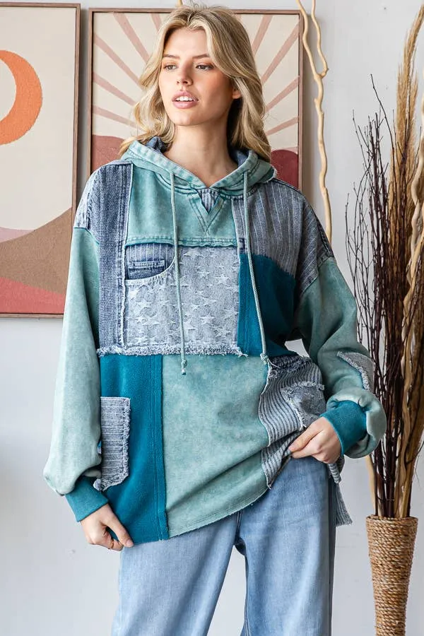 Washed Denim Patchwork Hoodie: Teal Blue