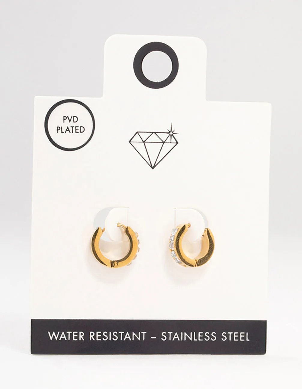 Waterproof Gold Plated Stainless Steel Square Cut Diamante Huggie Earrings