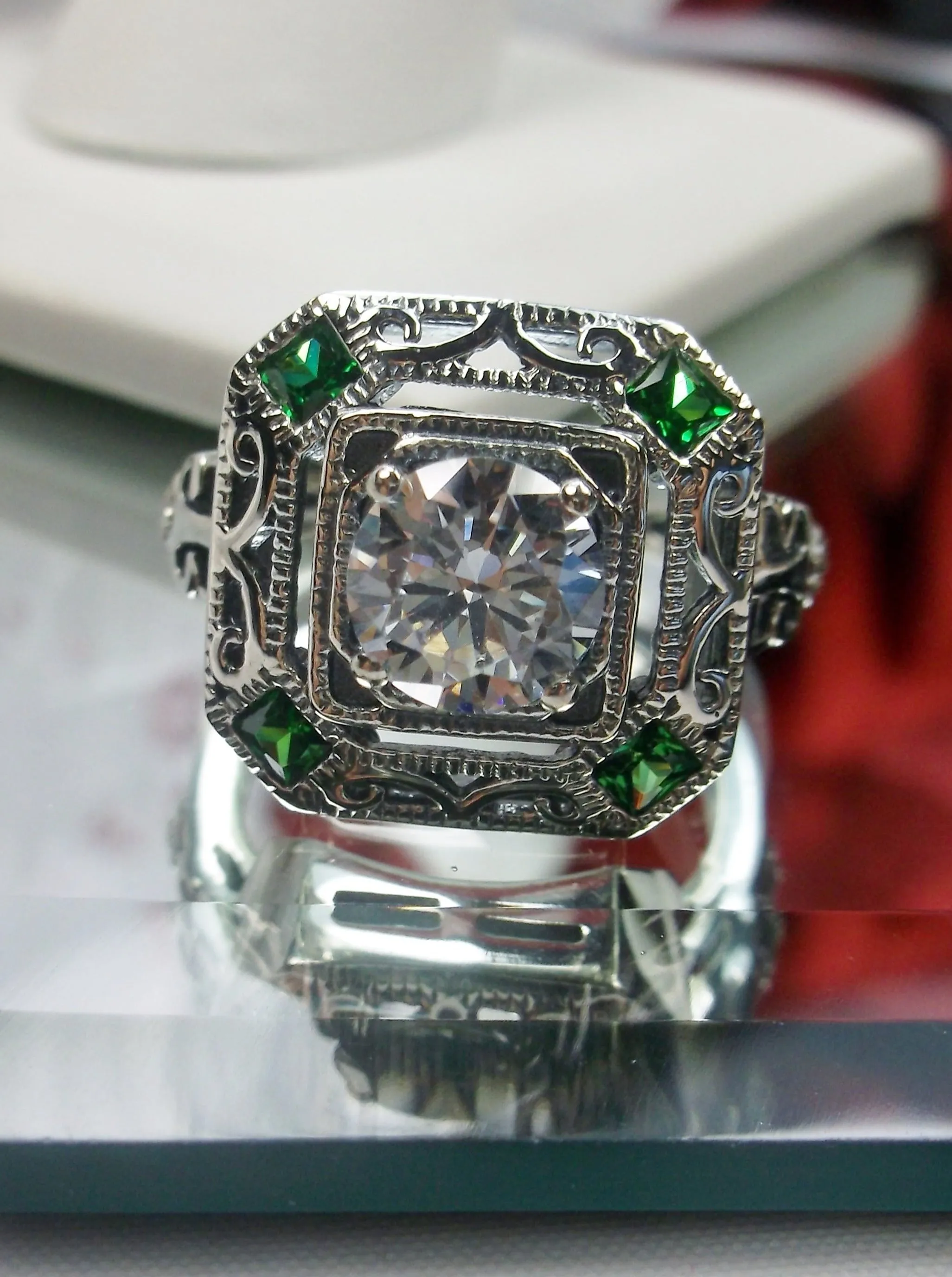 White CZ & Emerald Art Deco Ring, Size 7, Vintage Revival Jewelry #D68 - Ready to Ship