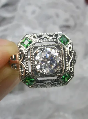 White CZ & Emerald Art Deco Ring, Size 7, Vintage Revival Jewelry #D68 - Ready to Ship