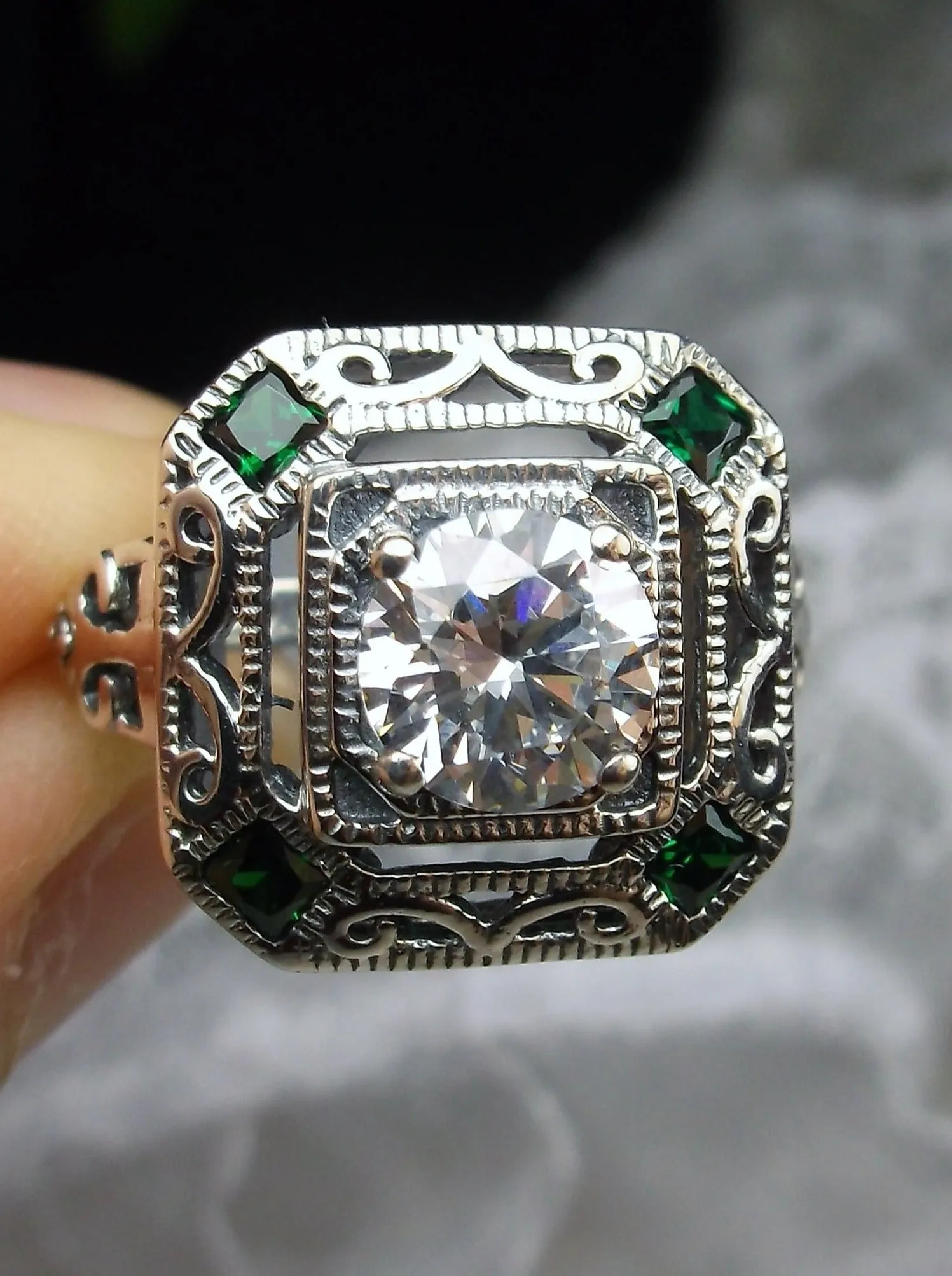 White CZ & Emerald Art Deco Ring, Size 7, Vintage Revival Jewelry #D68 - Ready to Ship