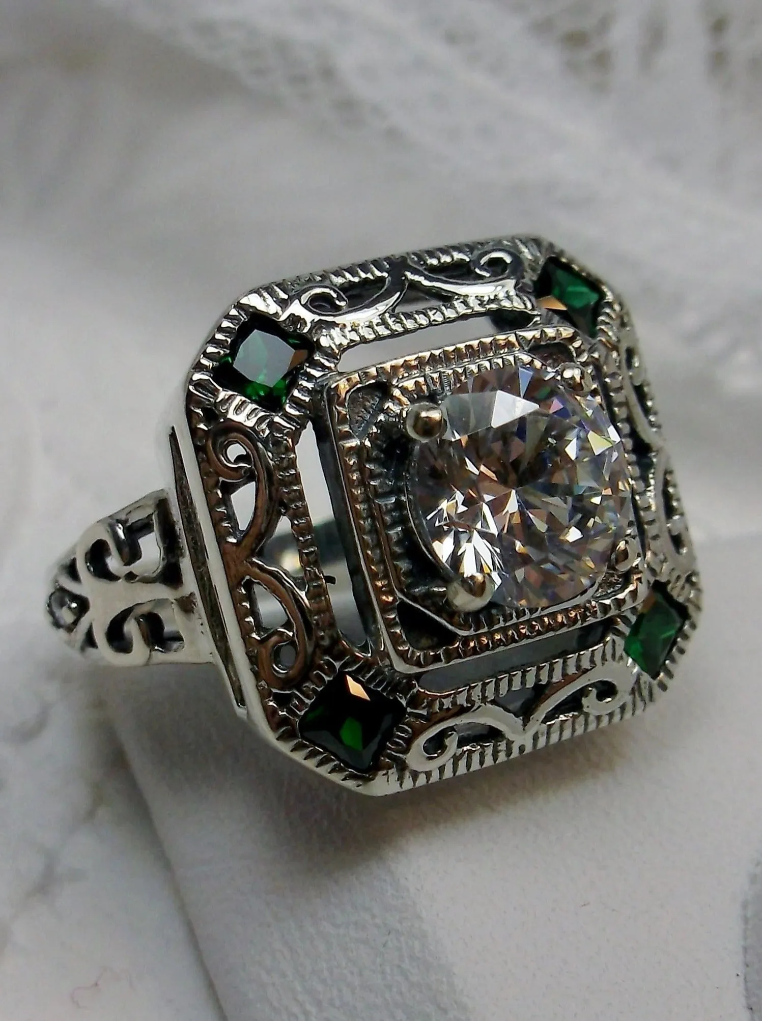 White CZ & Emerald Art Deco Ring, Size 7, Vintage Revival Jewelry #D68 - Ready to Ship