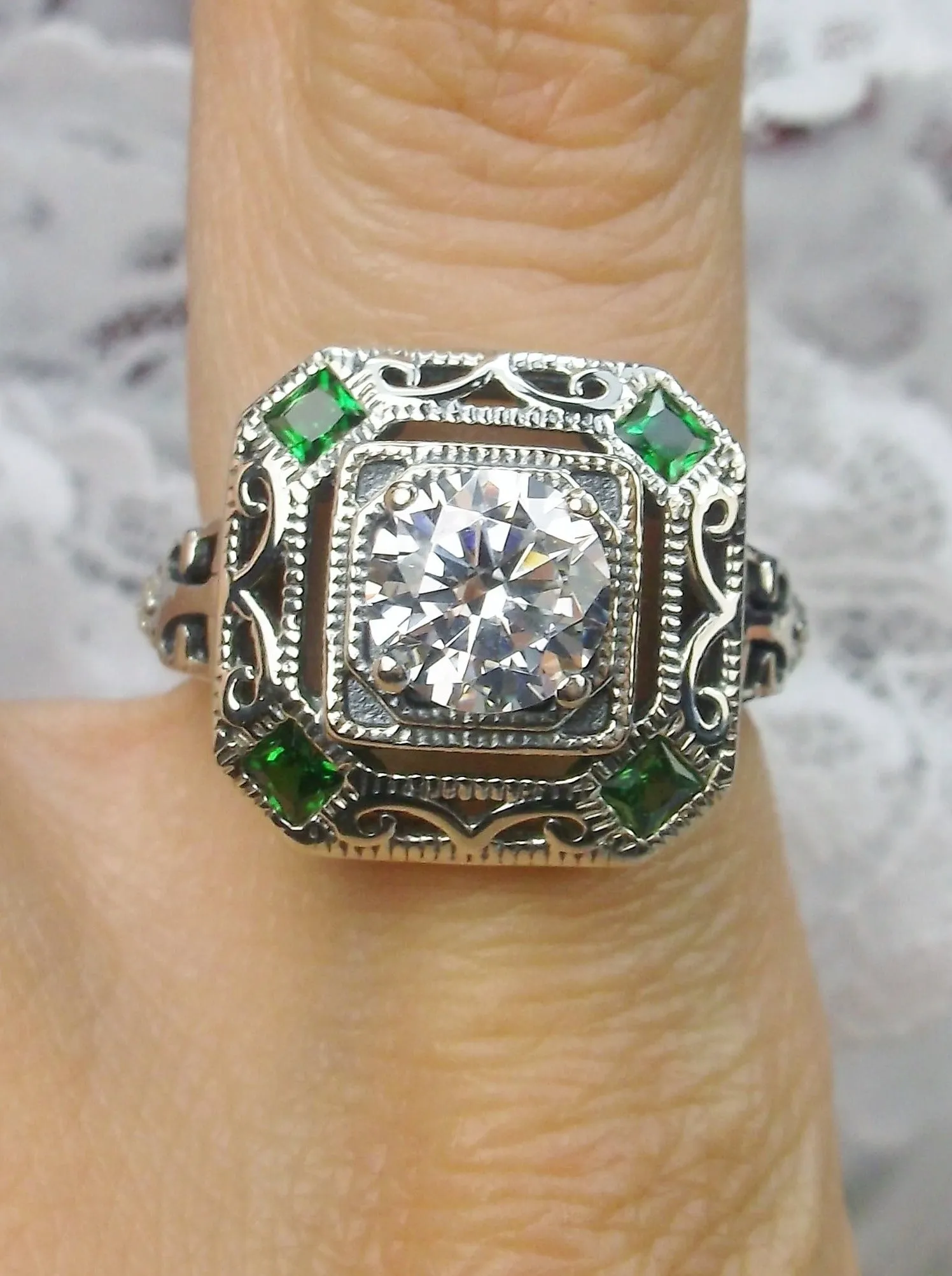 White CZ & Emerald Art Deco Ring, Size 7, Vintage Revival Jewelry #D68 - Ready to Ship