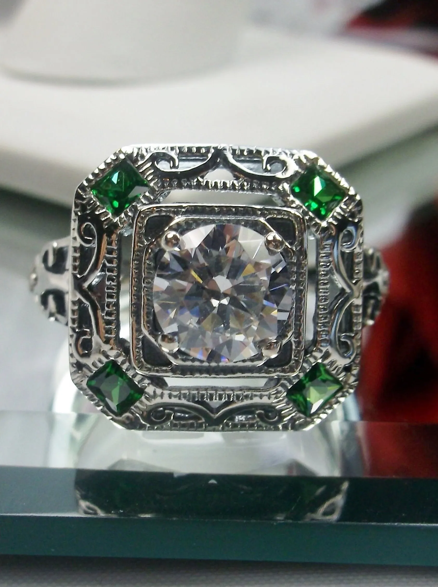 White CZ & Emerald Art Deco Ring, Size 7, Vintage Revival Jewelry #D68 - Ready to Ship