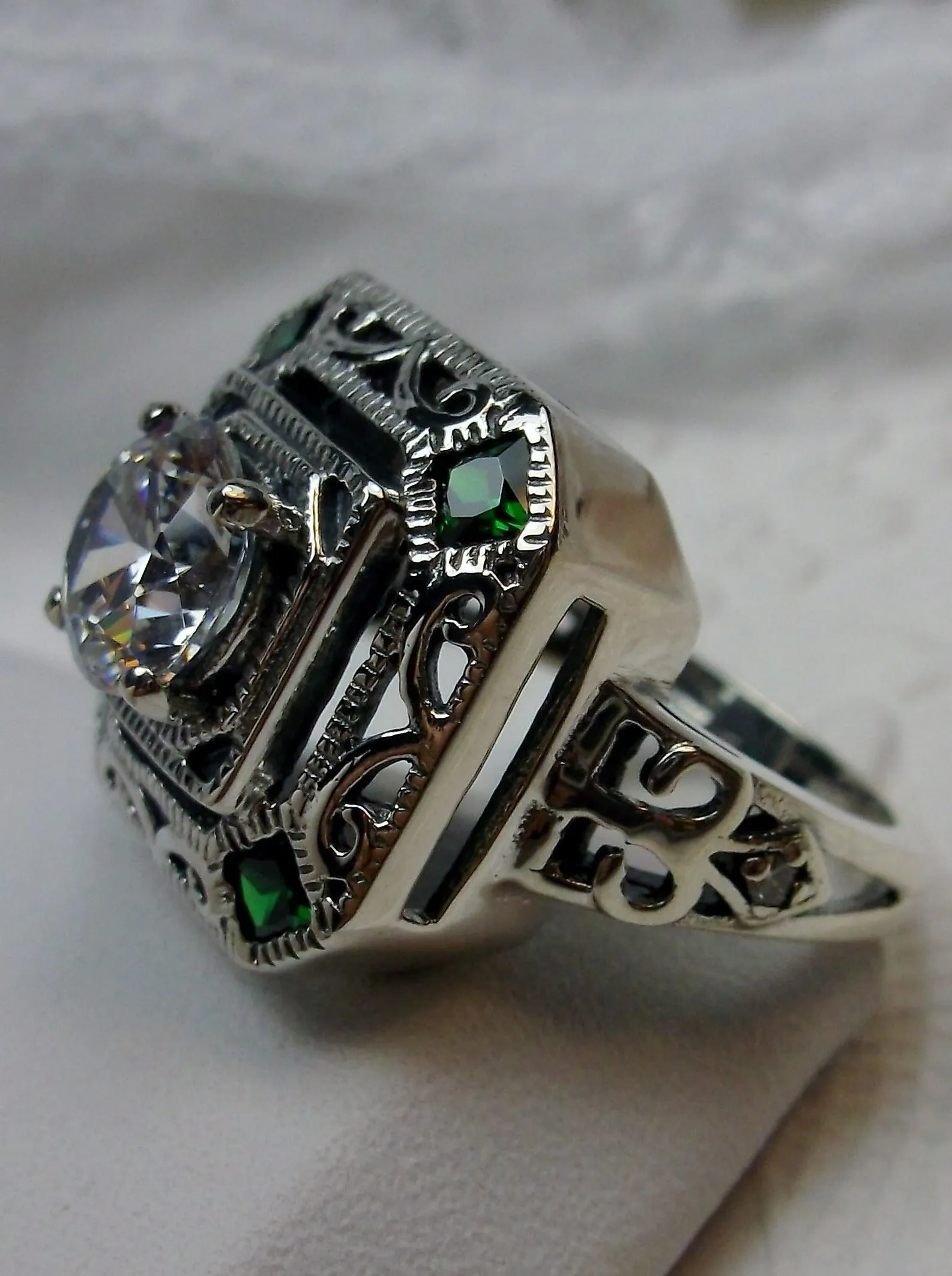White CZ & Emerald Art Deco Ring, Size 7, Vintage Revival Jewelry #D68 - Ready to Ship