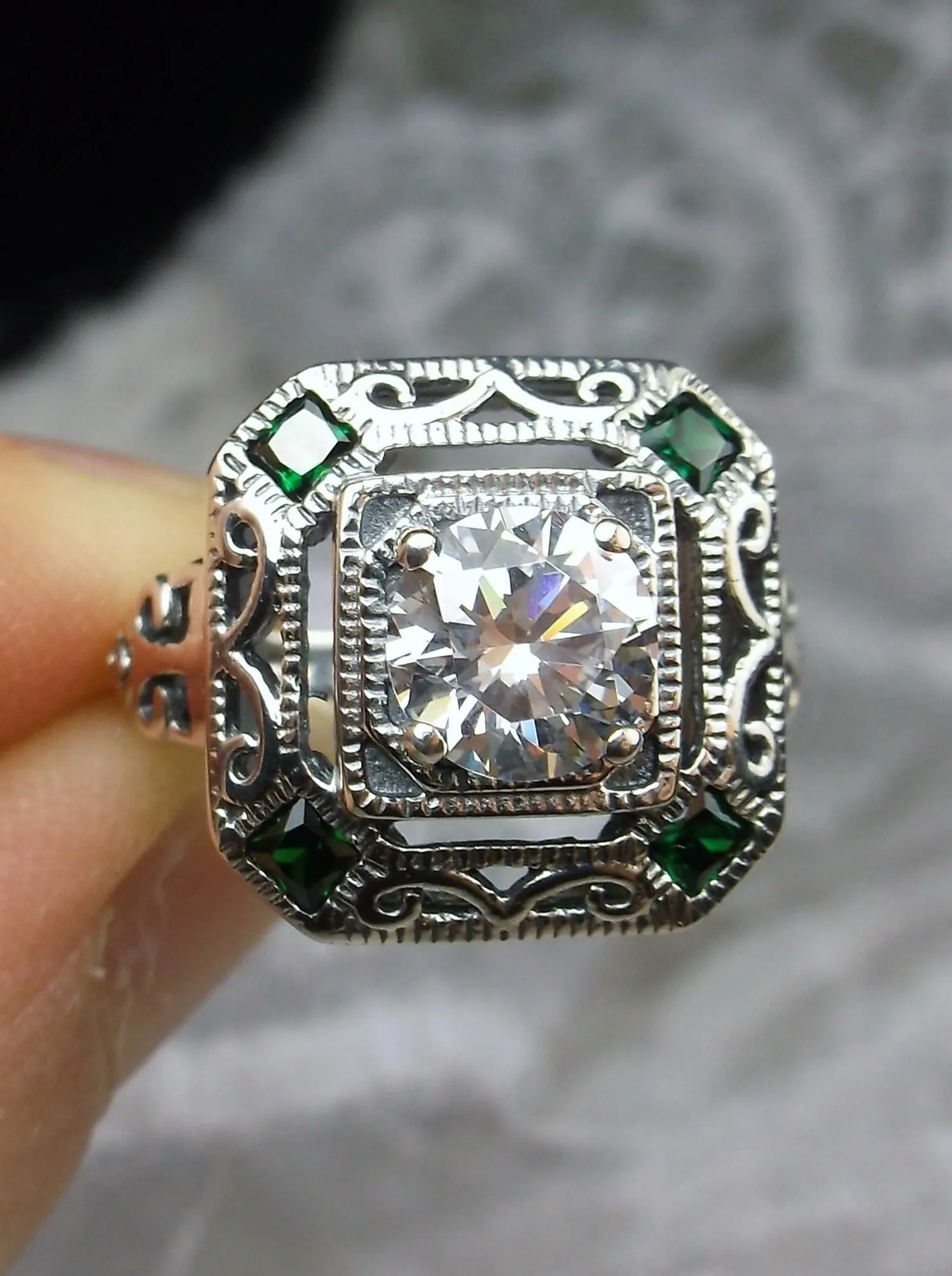 White CZ & Emerald Art Deco Ring, Size 7, Vintage Revival Jewelry #D68 - Ready to Ship
