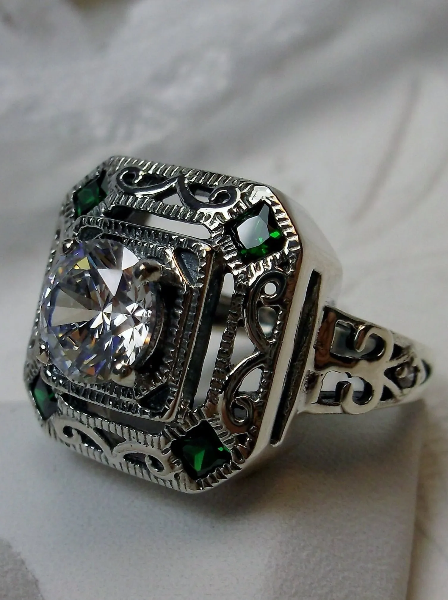 White CZ & Emerald Art Deco Ring, Size 7, Vintage Revival Jewelry #D68 - Ready to Ship