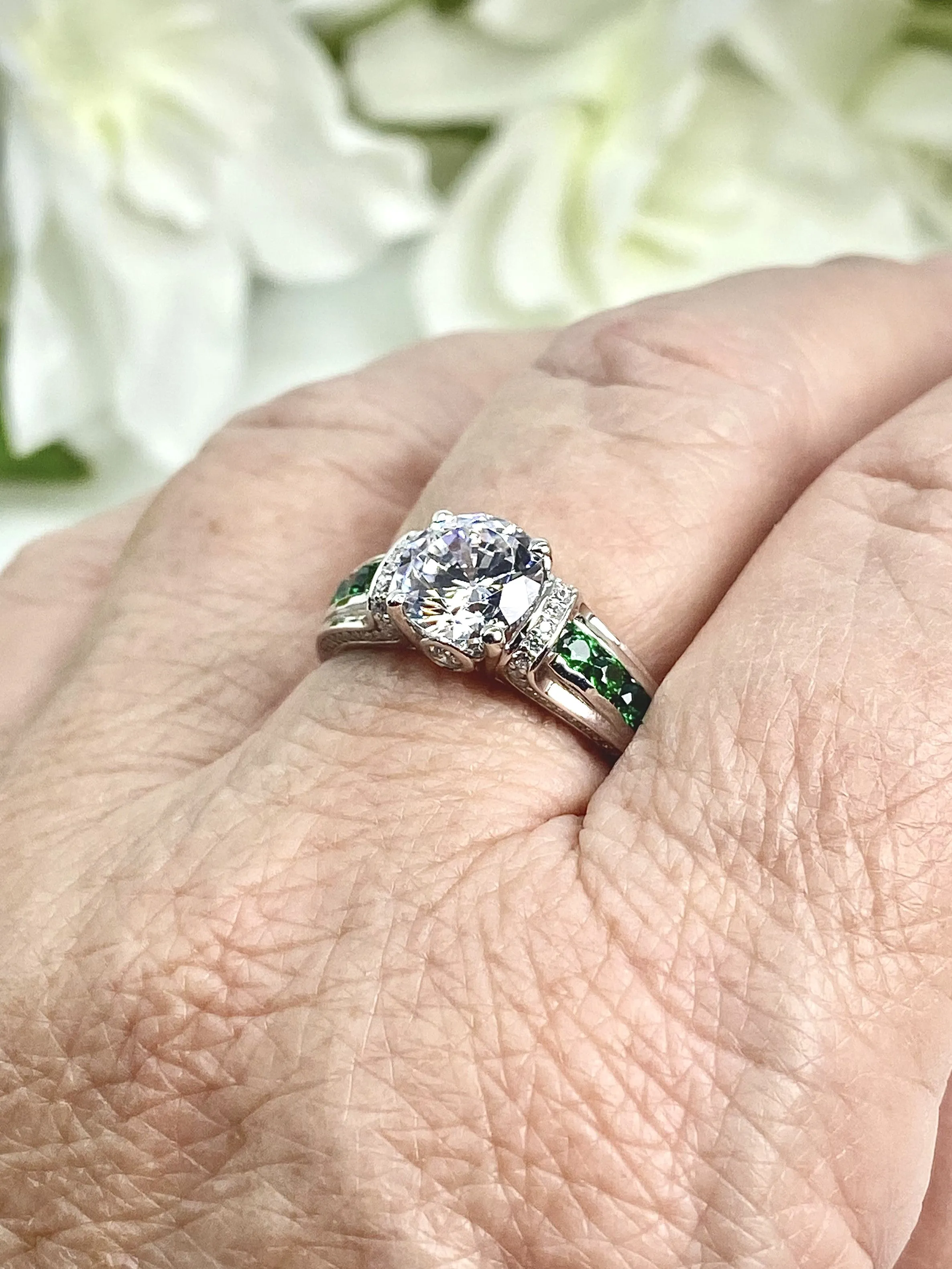 White CZ Ring, Size 7, faux Diamond and Emerald Green Inlay Gems, Art Deco Jewelry #D220 - Ready to Ship
