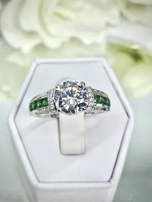 White CZ Ring, Size 7, faux Diamond and Emerald Green Inlay Gems, Art Deco Jewelry #D220 - Ready to Ship