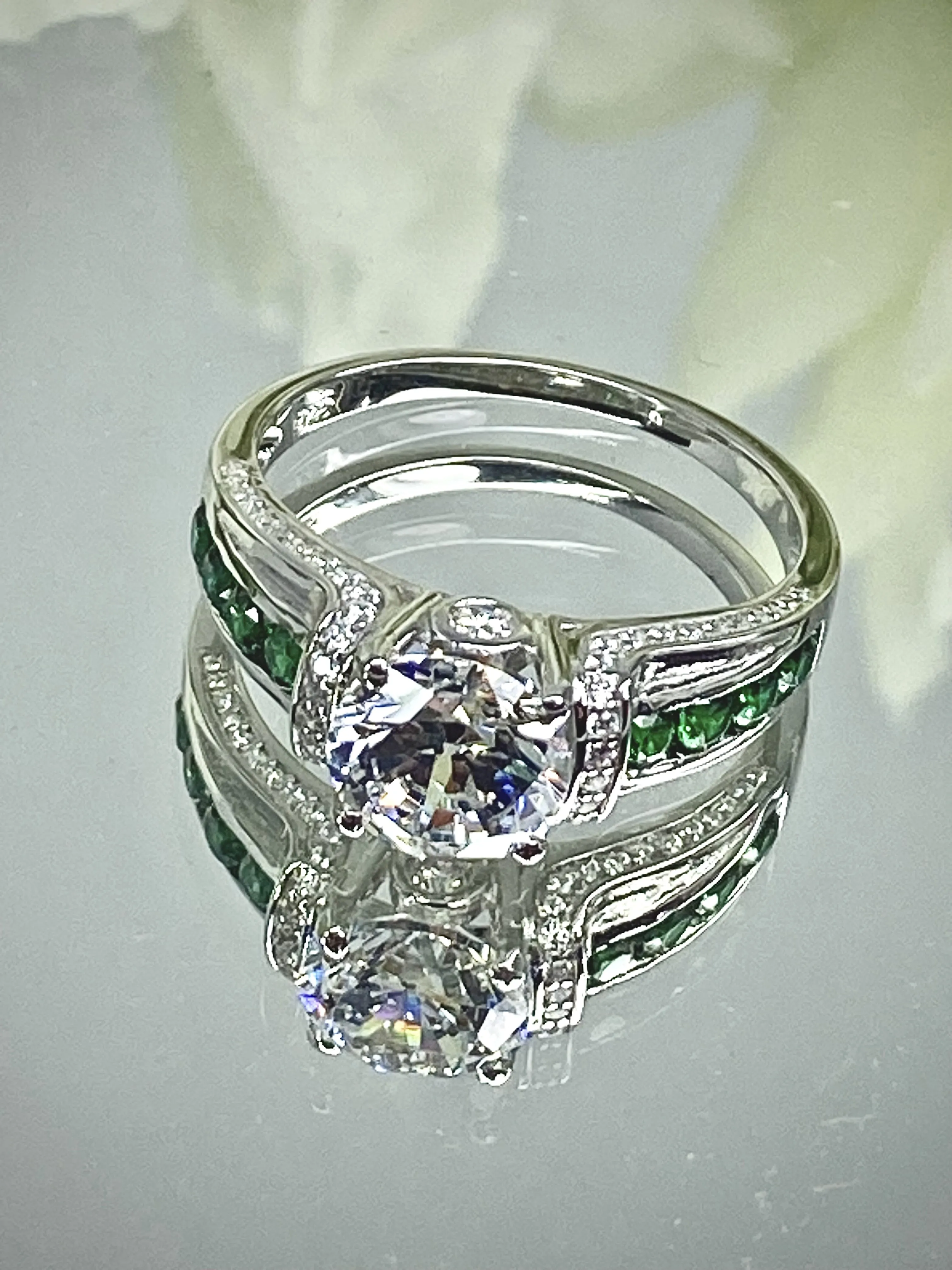White CZ Ring, Size 7, faux Diamond and Emerald Green Inlay Gems, Art Deco Jewelry #D220 - Ready to Ship