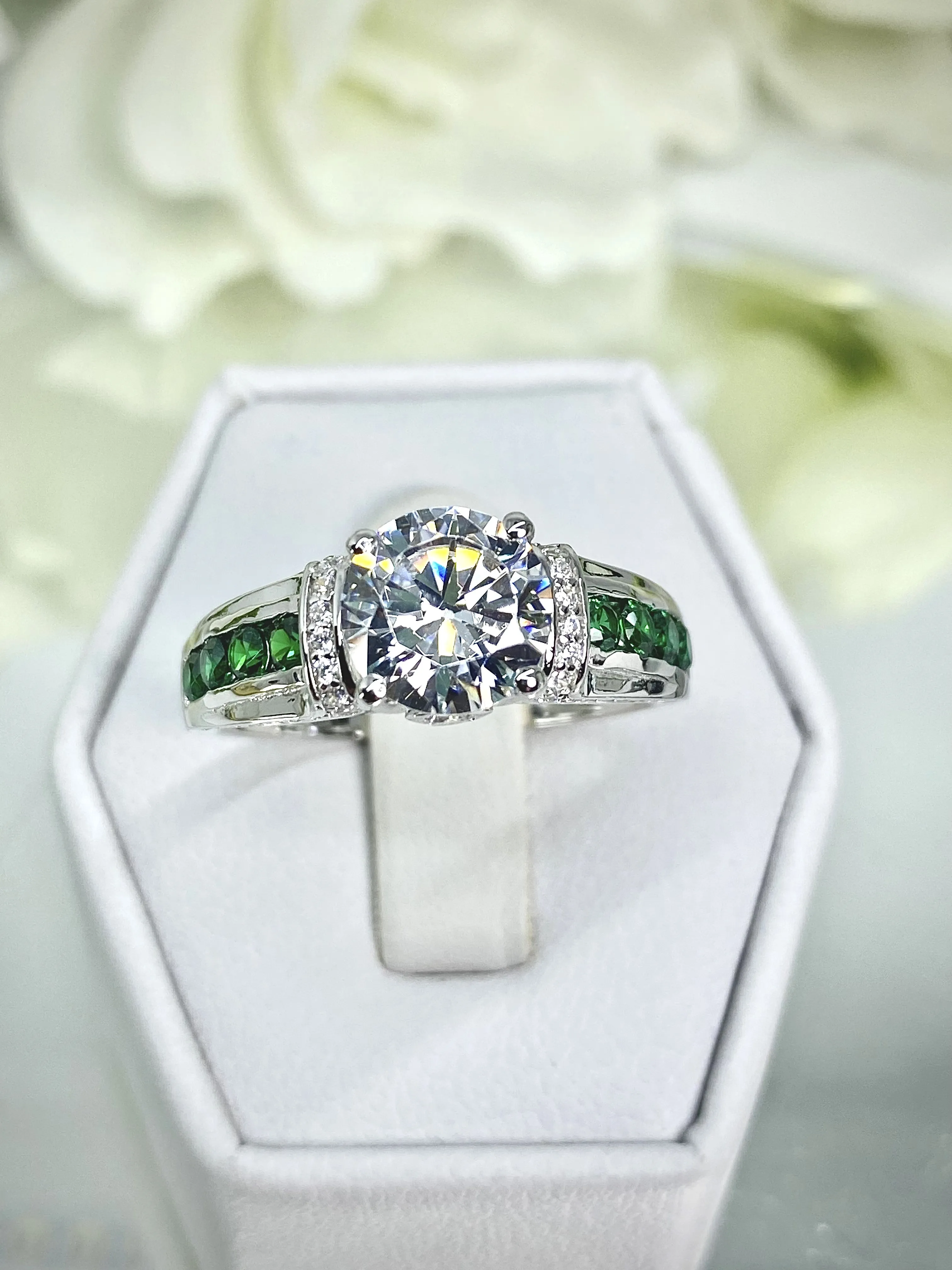 White CZ Ring, Size 7, faux Diamond and Emerald Green Inlay Gems, Art Deco Jewelry #D220 - Ready to Ship