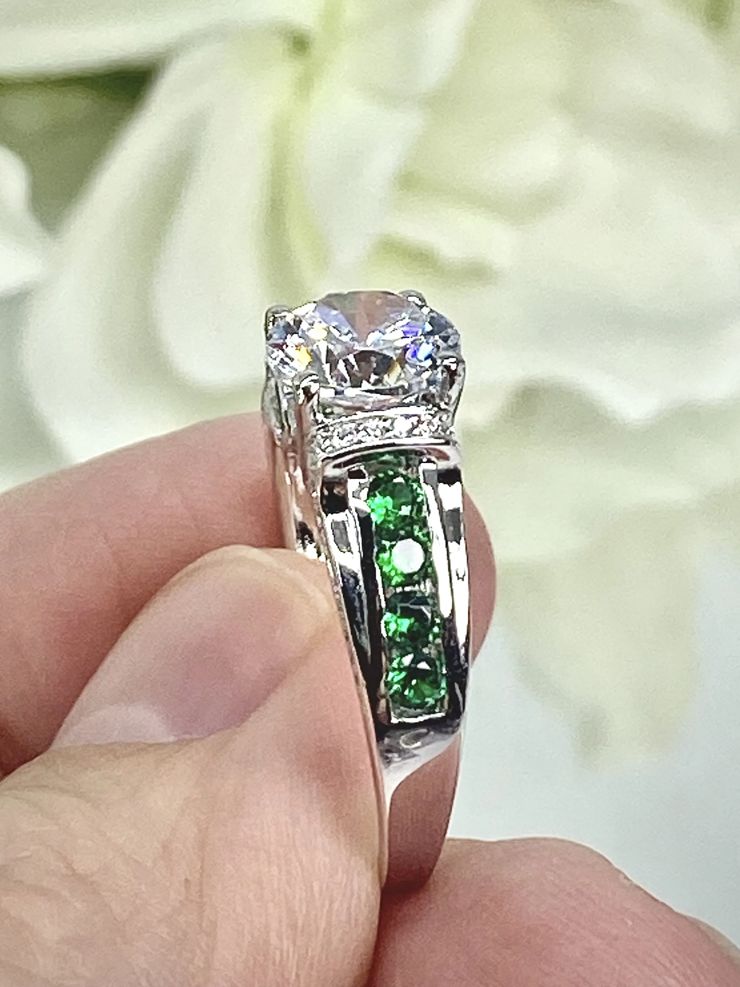 White CZ Ring, Size 7, faux Diamond and Emerald Green Inlay Gems, Art Deco Jewelry #D220 - Ready to Ship