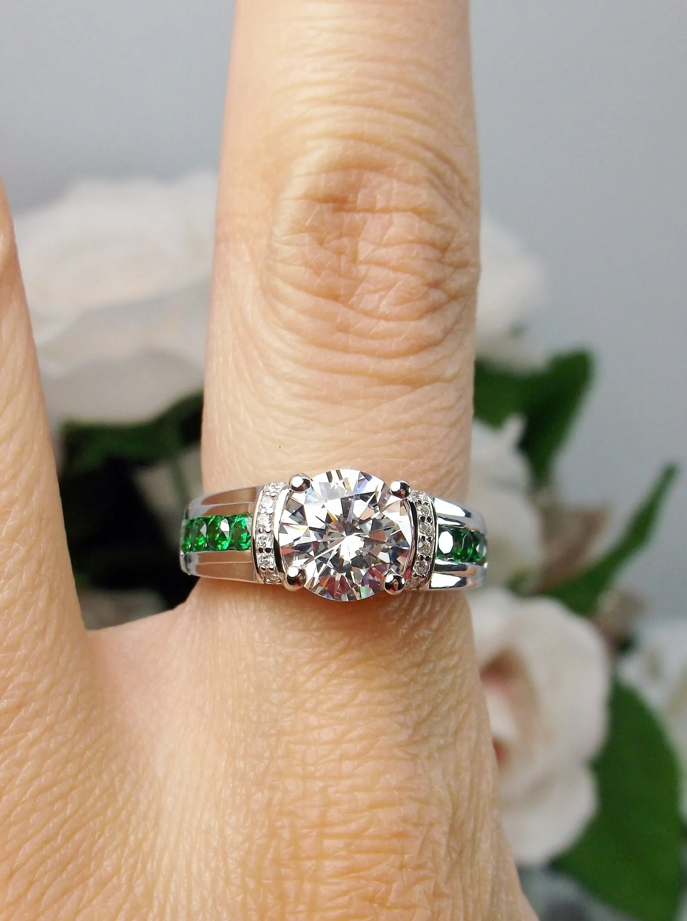 White CZ Ring, Size 7, faux Diamond and Emerald Green Inlay Gems, Art Deco Jewelry #D220 - Ready to Ship