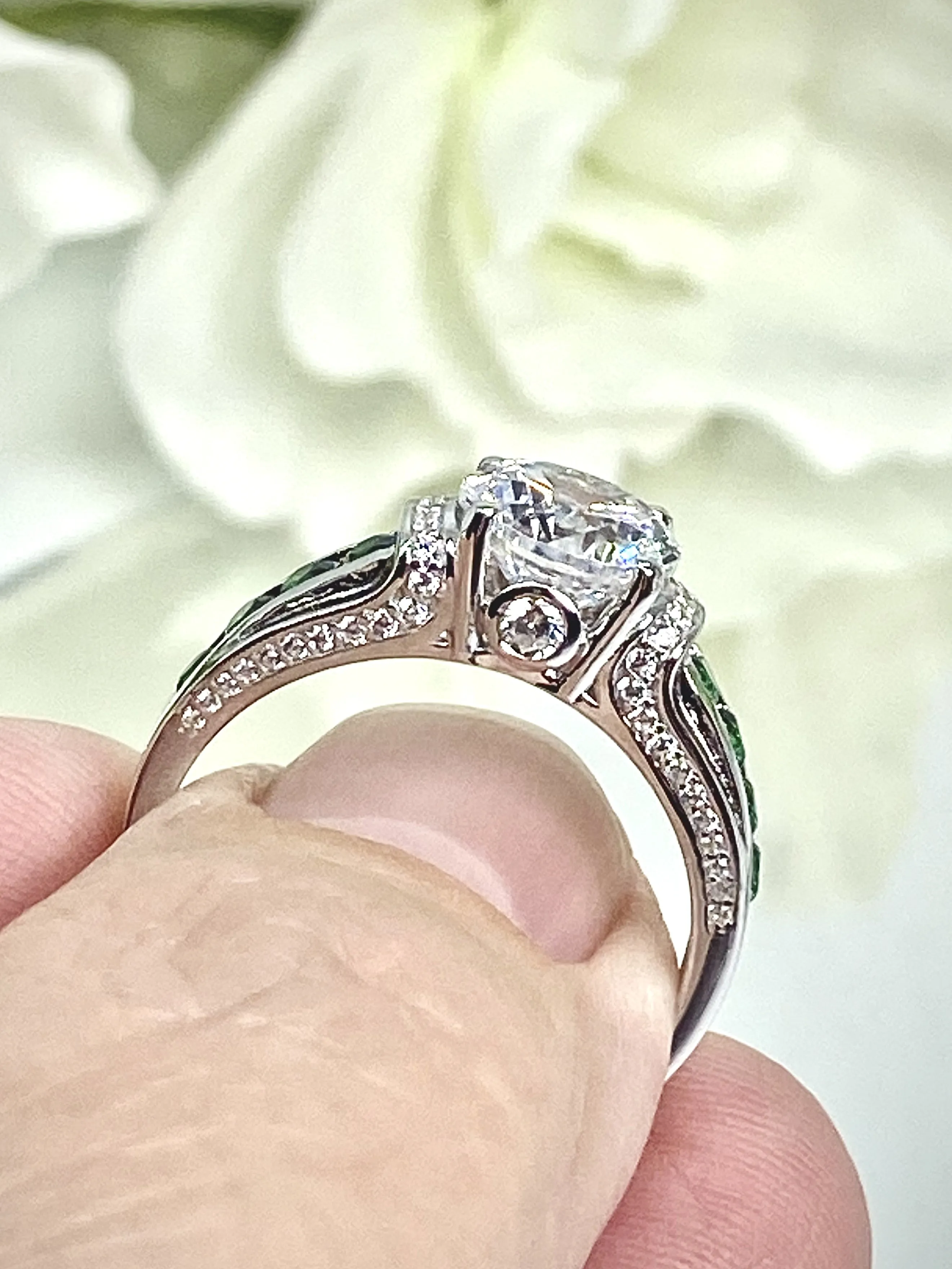 White CZ Ring, Size 7, faux Diamond and Emerald Green Inlay Gems, Art Deco Jewelry #D220 - Ready to Ship