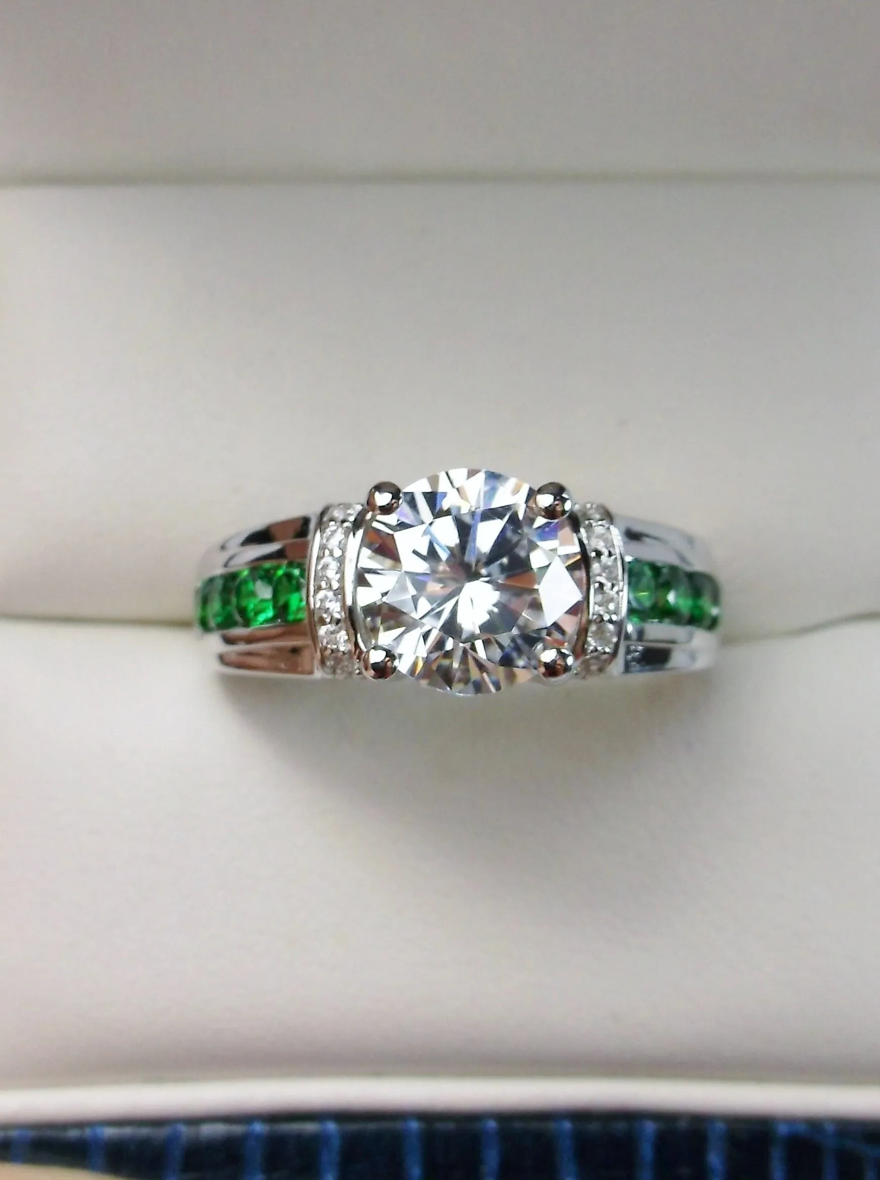 White CZ Ring, Size 7, faux Diamond and Emerald Green Inlay Gems, Art Deco Jewelry #D220 - Ready to Ship