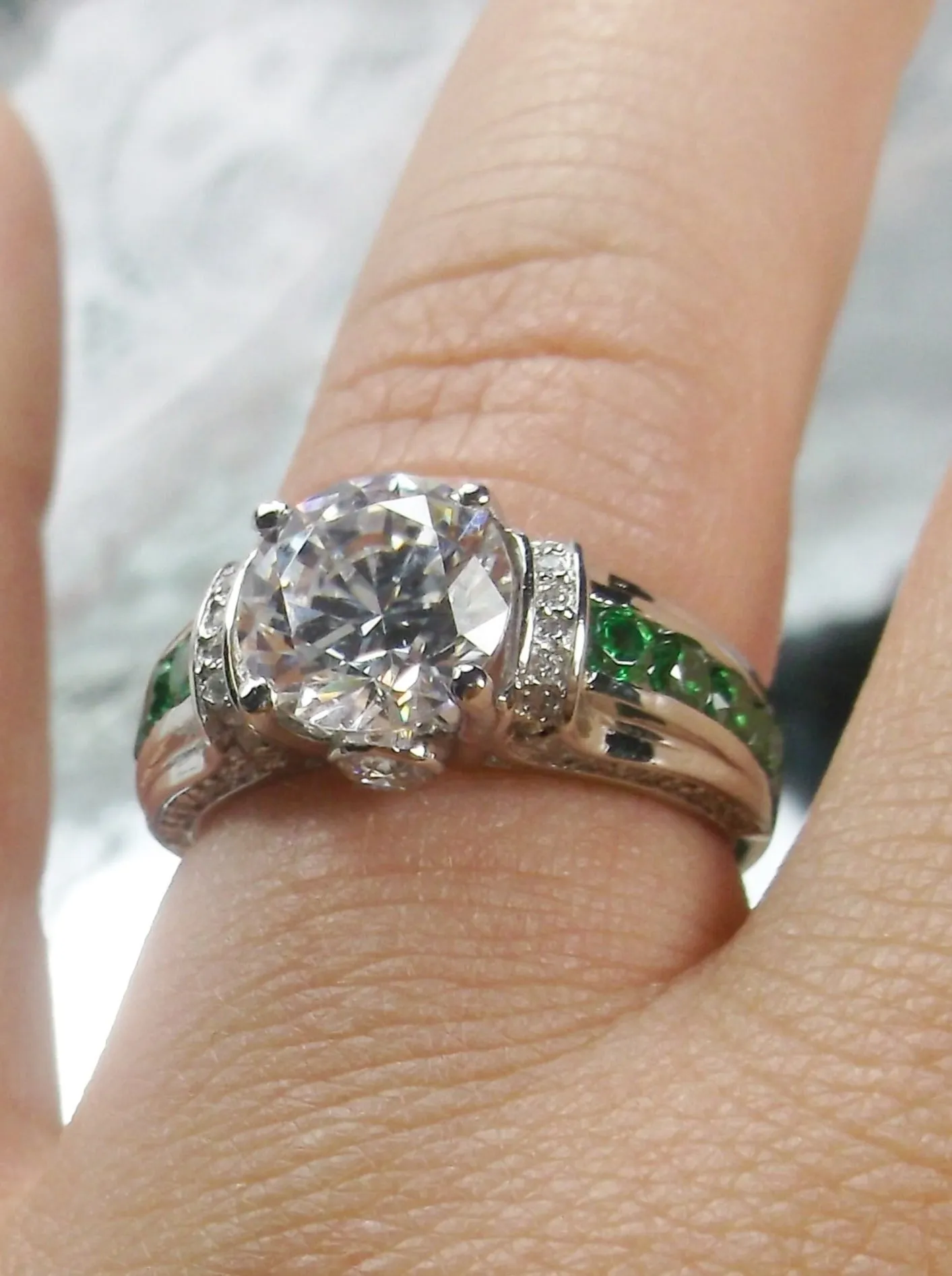 White CZ Ring, Size 7, faux Diamond and Emerald Green Inlay Gems, Art Deco Jewelry #D220 - Ready to Ship