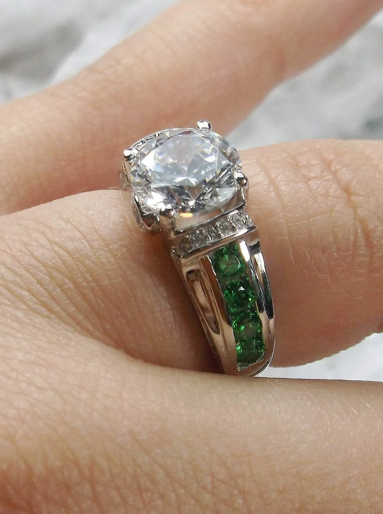 White CZ Ring, Size 7, faux Diamond and Emerald Green Inlay Gems, Art Deco Jewelry #D220 - Ready to Ship