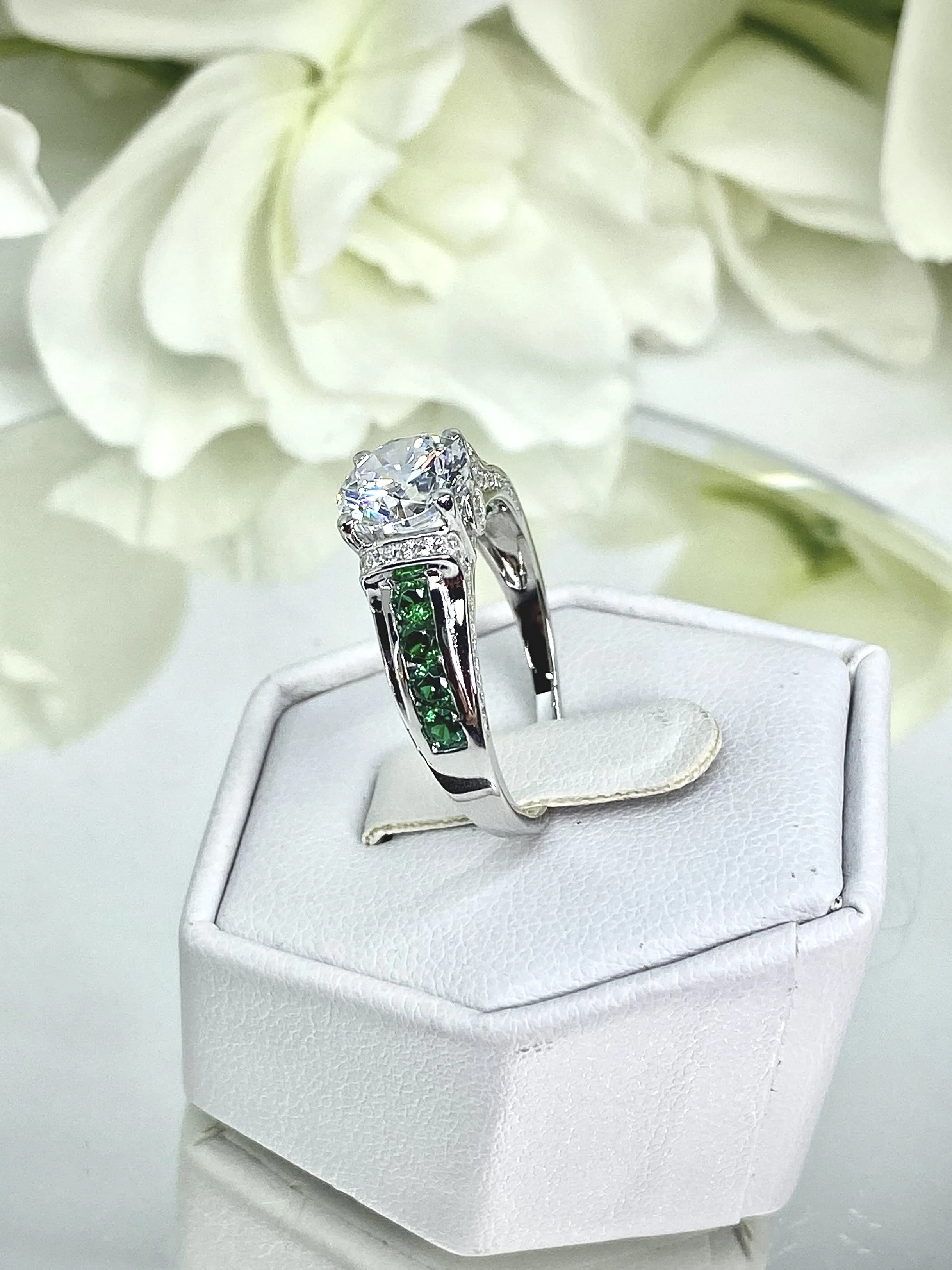 White CZ Ring, Size 7, faux Diamond and Emerald Green Inlay Gems, Art Deco Jewelry #D220 - Ready to Ship