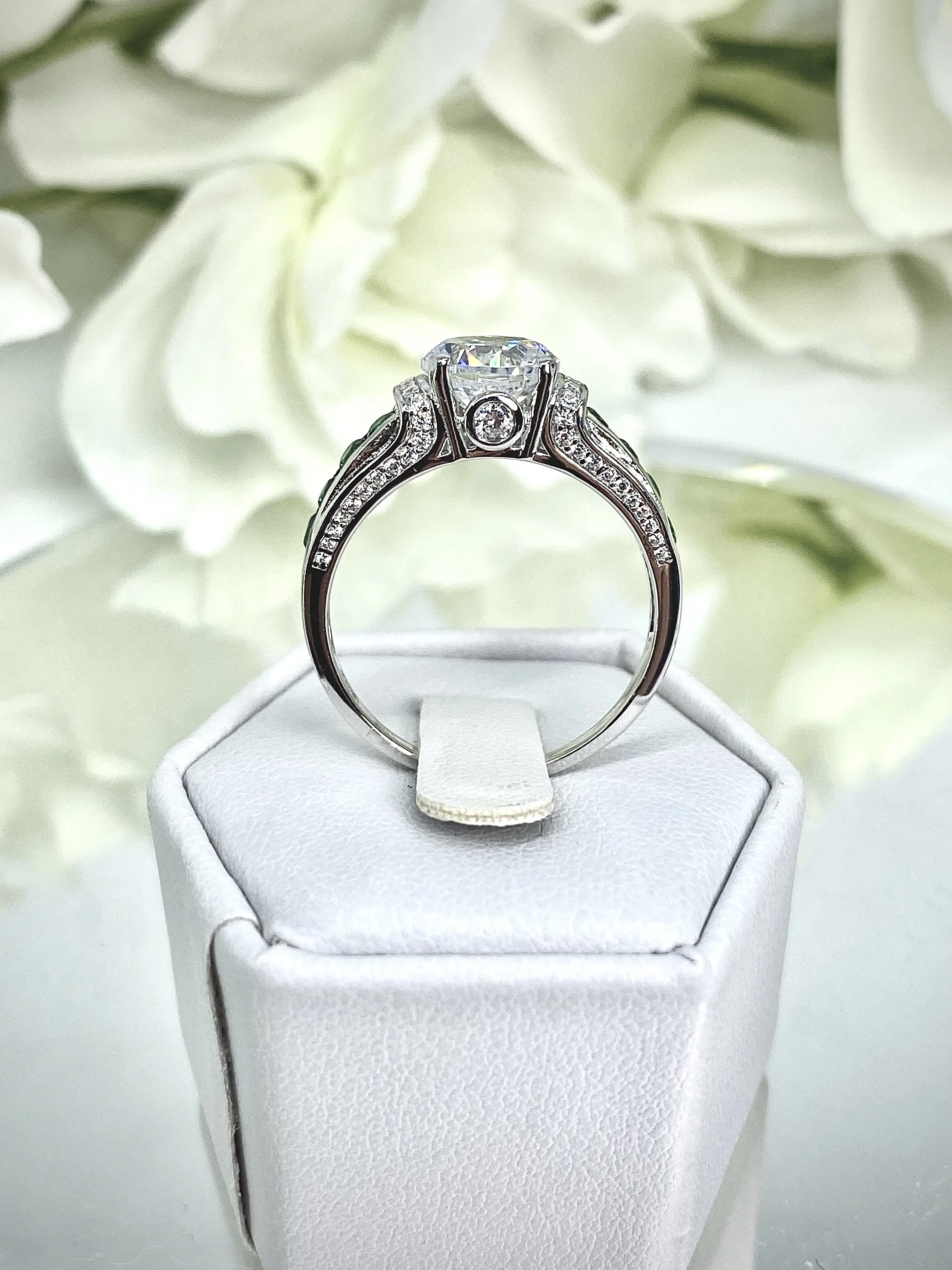 White CZ Ring, Size 7, faux Diamond and Emerald Green Inlay Gems, Art Deco Jewelry #D220 - Ready to Ship