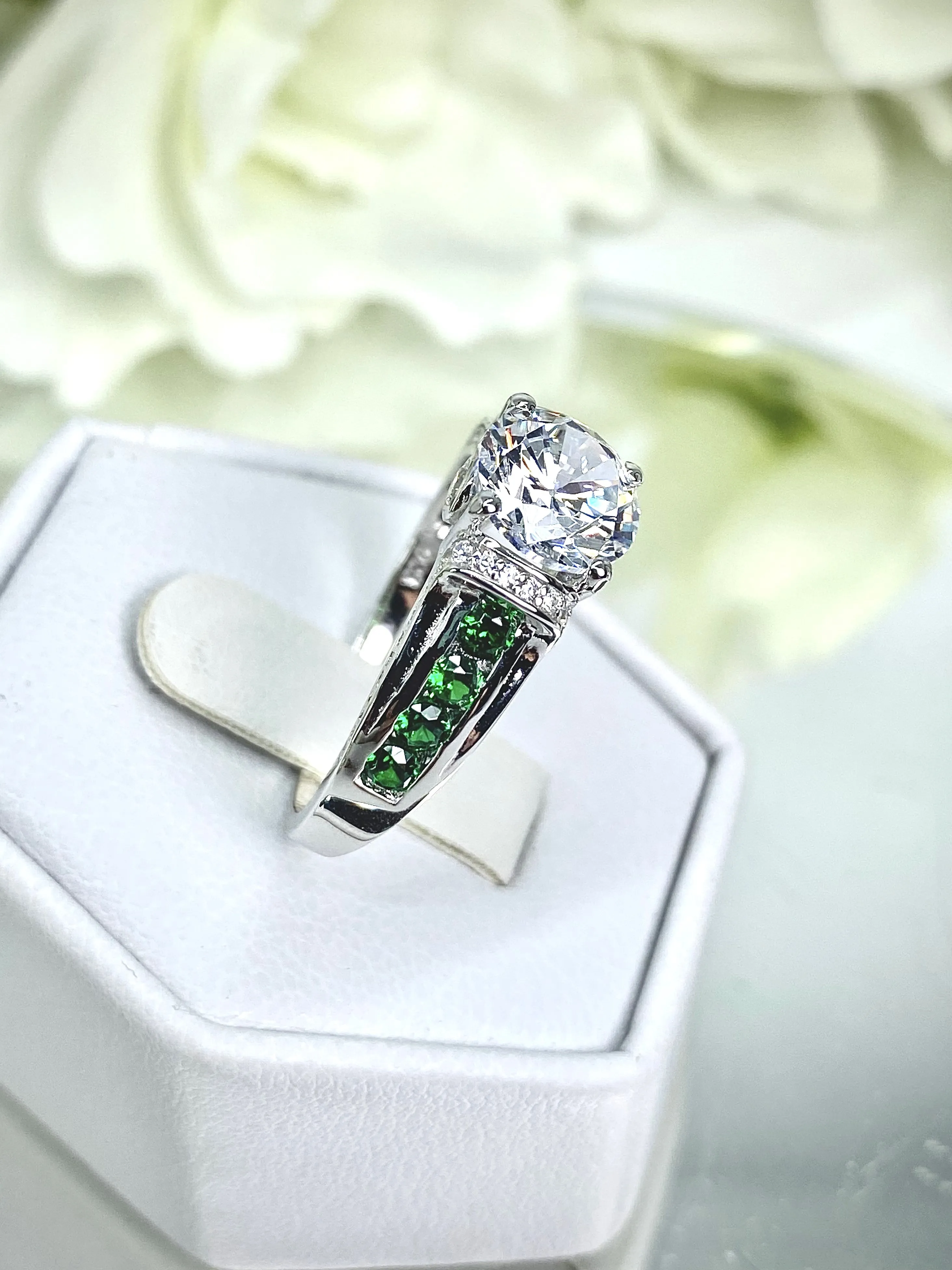 White CZ Ring, Size 7, faux Diamond and Emerald Green Inlay Gems, Art Deco Jewelry #D220 - Ready to Ship