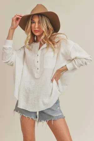 White Exposed Seam Raw Hem Half Button Top