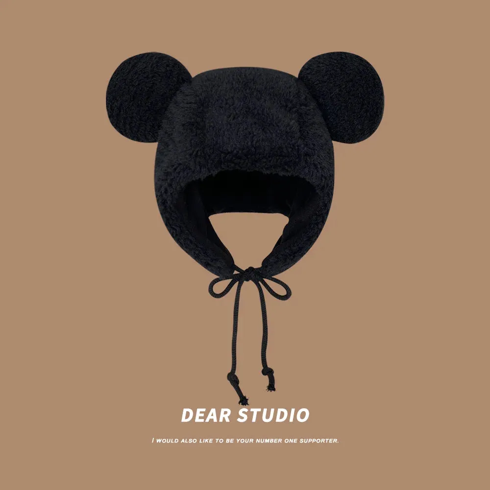 women's winter hat 2023 Fashion Solid Beanies Cute Bear Ears Warm Hat Windproof Cap Earflap hat Lamb hair Cap Female Hat Present