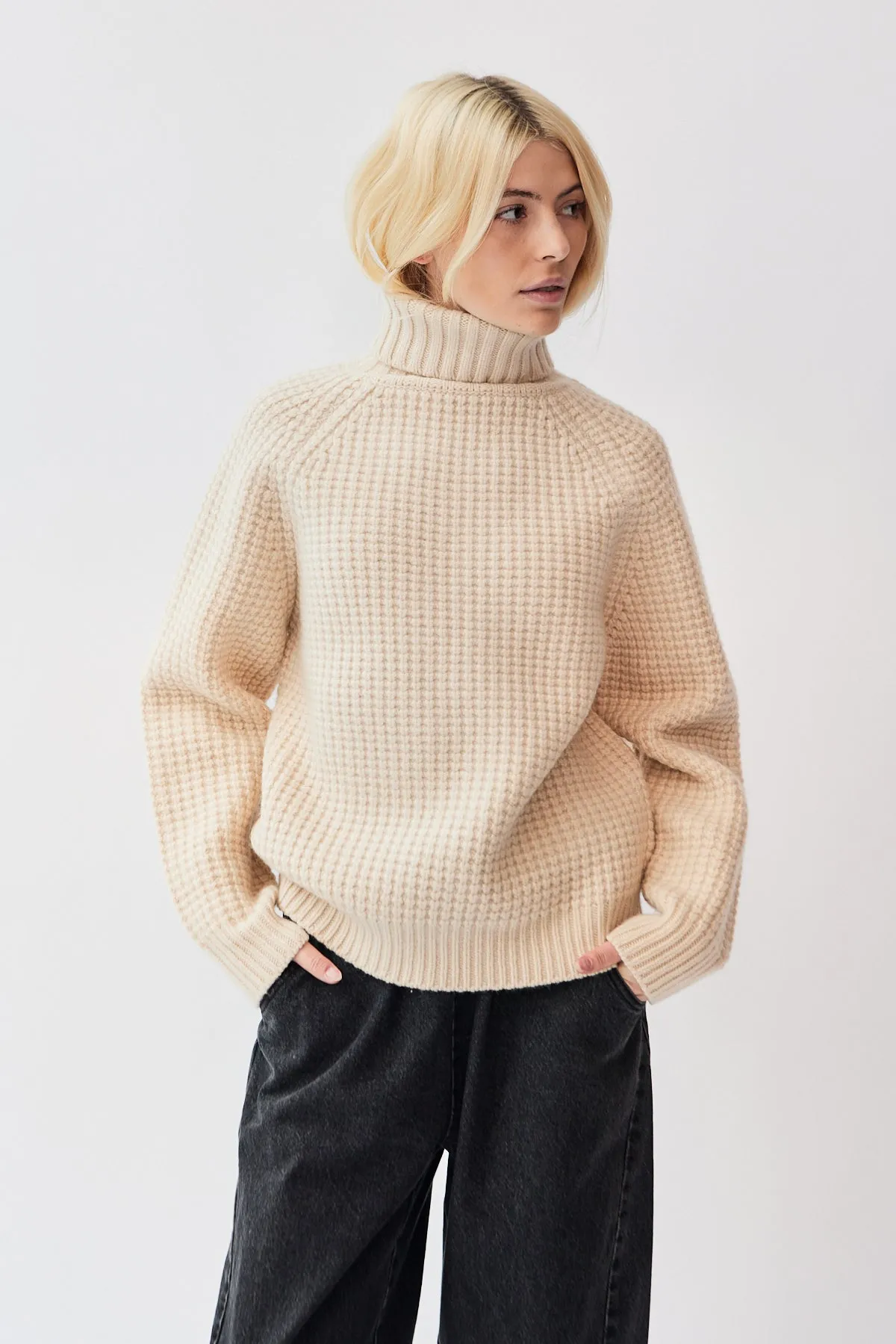 Wool Turtleneck Waffle Sweater