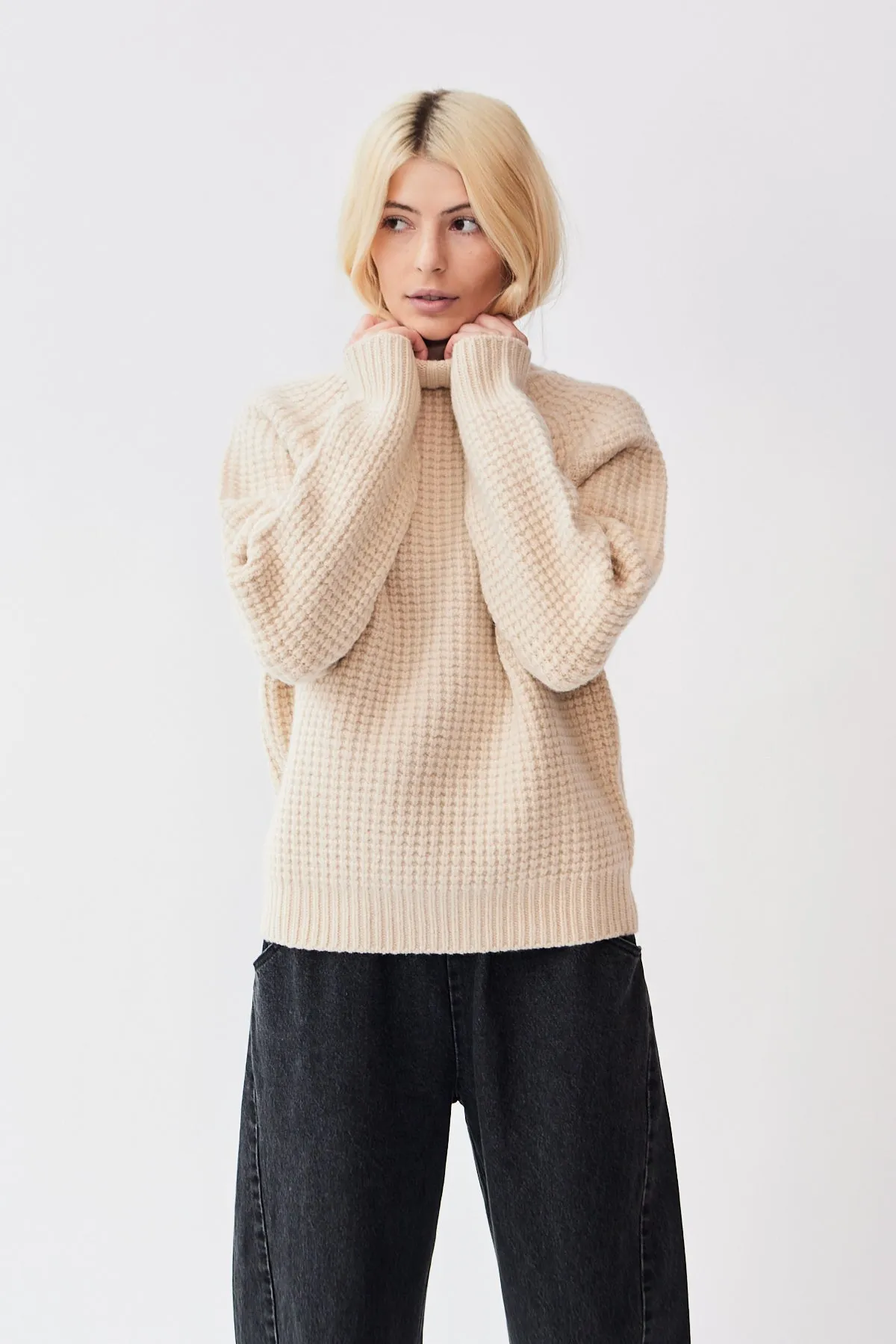 Wool Turtleneck Waffle Sweater