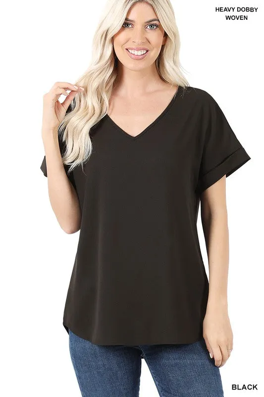 ZENANA Woven Heavy Dobby Rolled Sleeve V-Neck Top