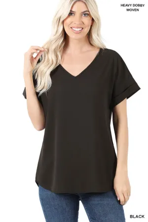 ZENANA Woven Heavy Dobby Rolled Sleeve V-Neck Top