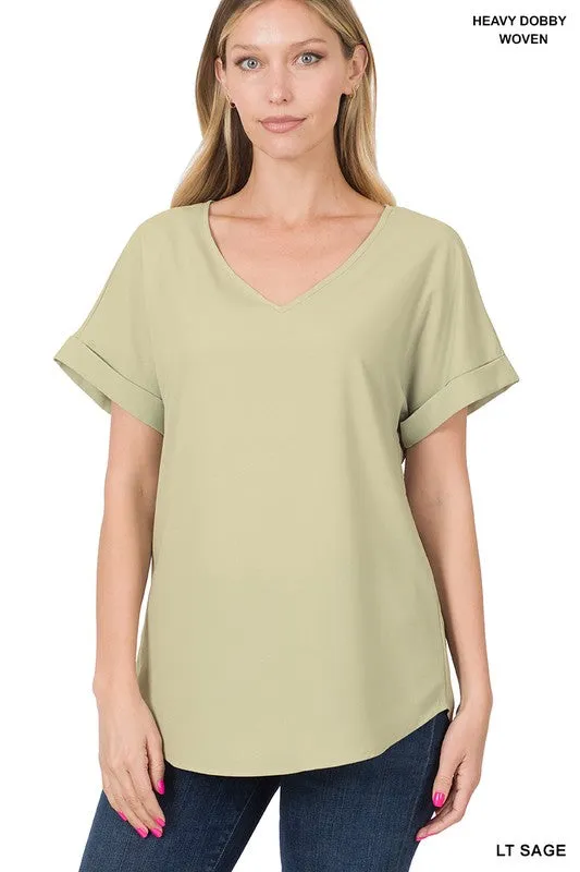 ZENANA Woven Heavy Dobby Rolled Sleeve V-Neck Top