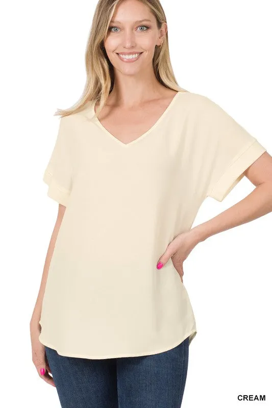 ZENANA Woven Heavy Dobby Rolled Sleeve V-Neck Top