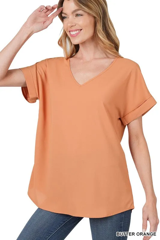ZENANA Woven Heavy Dobby Rolled Sleeve V-Neck Top